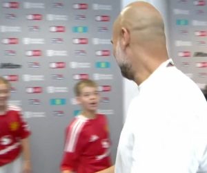 Watch moment cheeky Man Utd mascot stops Pep Guardiola before Community Shield with eight-word request