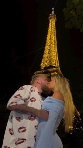 Jake Paul and speed skater girlfriend Jutta kiss in front of Eiffel Tower as they jet to Paris during Olympics 2024