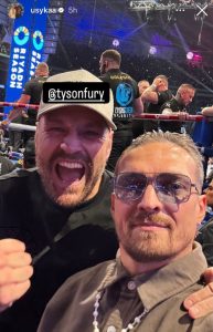 Tyson Fury and Oleksandr Usyk put rivalries aside as they reunite at Daniel Dubois vs Anthony Joshua for amazing selfie