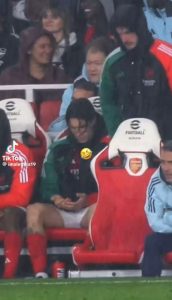 Fans say ‘he’s in for a long ride’ after spotting what Arsenal star Riccardo Calafiori did on the bench against Bolton