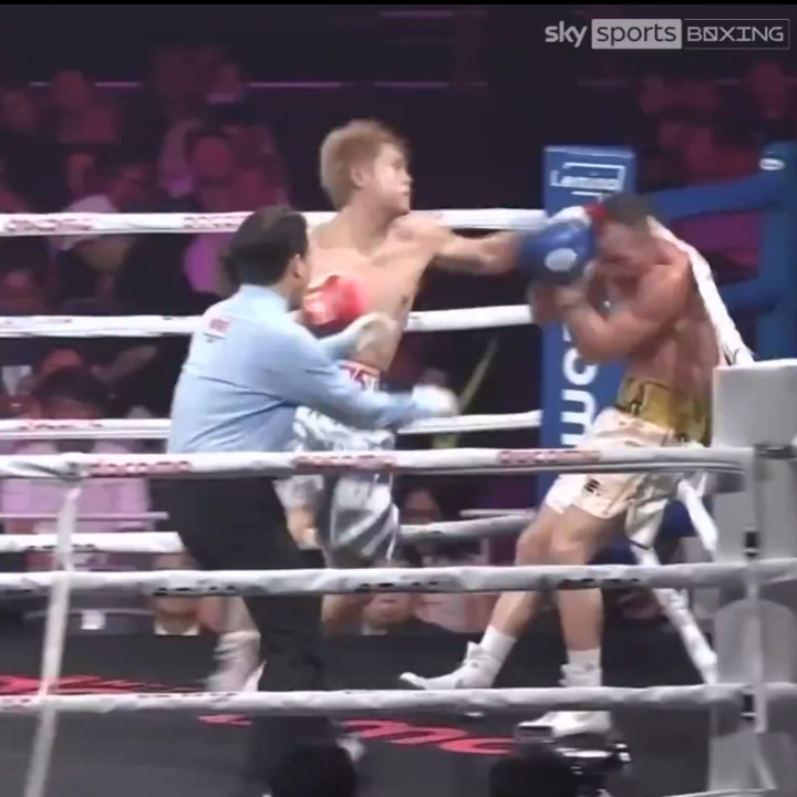 Agonising moment referee jumps in one second too late as boxer collapses to canvas after brutal KO