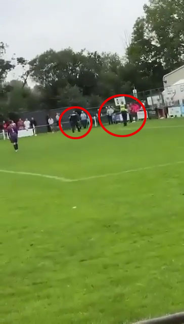 Moment footballer ARRESTED during match & hauled off pitch in handcuffs by cops – just minutes after scoring a goal