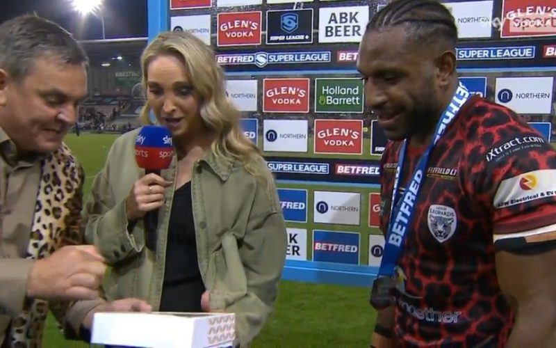 Watch moment Super League owner gatecrashes interview live on TV to give stunned Sky Sports reporter a PIE