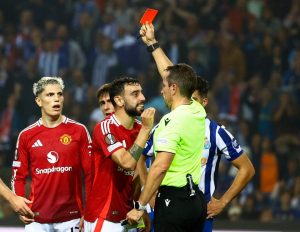 Bruno Fernandes controversially sent off for second game running in Man Utd’s draw at Porto