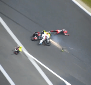 MotoGP star rushed to hospital by air ambulance after terrifying crash with rival as 120mph collision is investigated