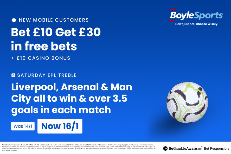 Get Liverpool, Arsenal & Man City price boost, £30 in free bets AND £10 casino bonus with BoyleSports