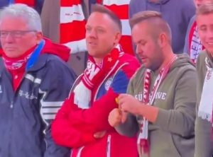 TV cameras quickly cut away as fan appears to go to snort substance during Aston Villa’s clash against Bayern Munich