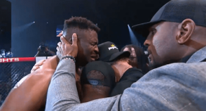 Francis Ngannou KOs Renen Ferreira in first round of MMA return and breaks down in tears after dedicating win to his son