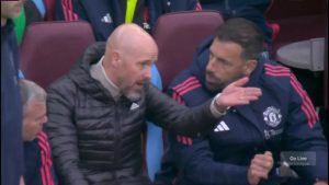 Watch as Erik ten Hag and Ruud van Nistelrooy are caught in heated conversation on bench during Man Utd’s draw at Villa