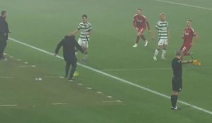 Brendan Rodgers stacks it on touchline and then gets BOOKED for embarrassing moment as Celtic boss admits ‘that’s poor’