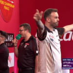 Luke Littler’s opponent celebrates wildly after finally winning a leg against him at darts Players Championship