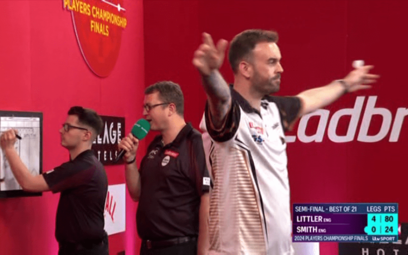 Luke Littler’s opponent celebrates wildly after finally winning a leg against him at darts Players Championship