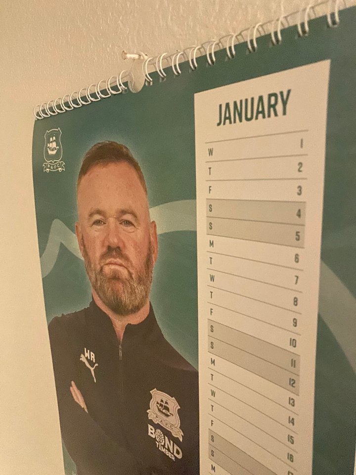 ‘This is awkward’ joke fans as Wayne Rooney front and centre of Plymouth’s 2025 calendar… but axed on New Year’s Eve