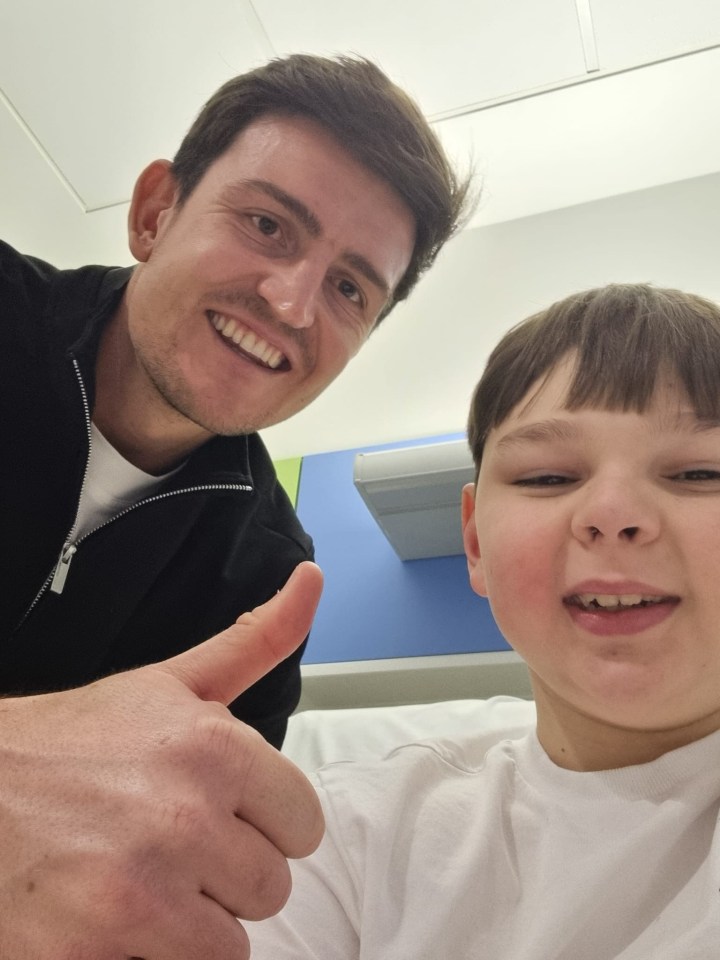 Brave amputee Tony Hudgell, 10, ‘over the moon’ as his football hero Harry Maguire visits him at Sheffield hospital