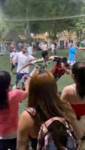 Shocking moment gunman shoots pistol during mass brawl between football players as others flee for safety